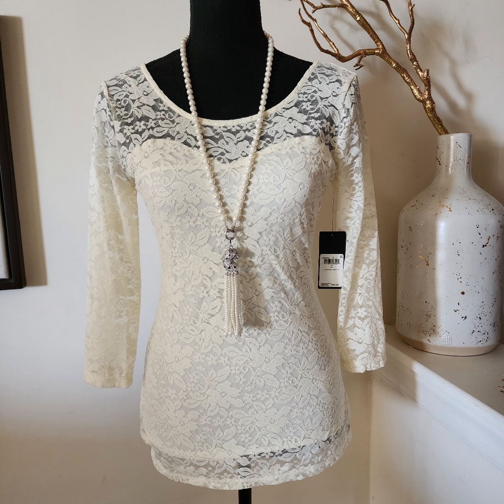 🔥Guess Three Quarter Sleeves Scoop Back Lace Top